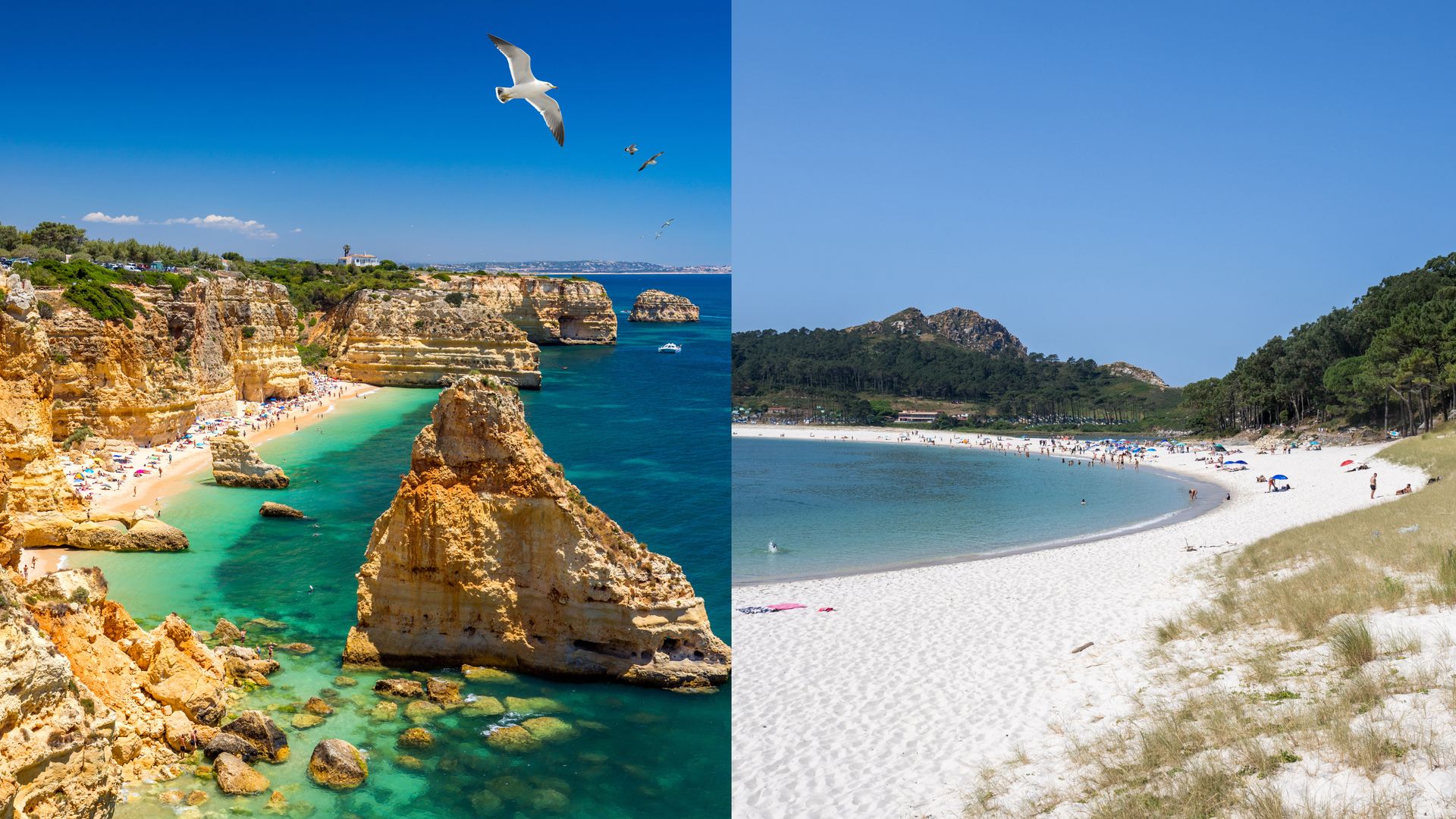 España y Portugal, el gran derbi peninsular, de norte a sur, de la playa de Rodas a la praia da Marinha, en Algarve, estos son algunas de los destinos más bellos de ambos países