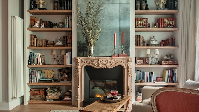 Salón con chimenea y librerías a medida llenas de libros y objetos decorativos, candelabros y jarrón 