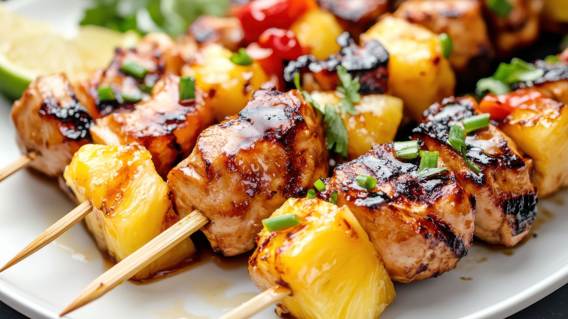 Brochetas de pollo marinado y piña
