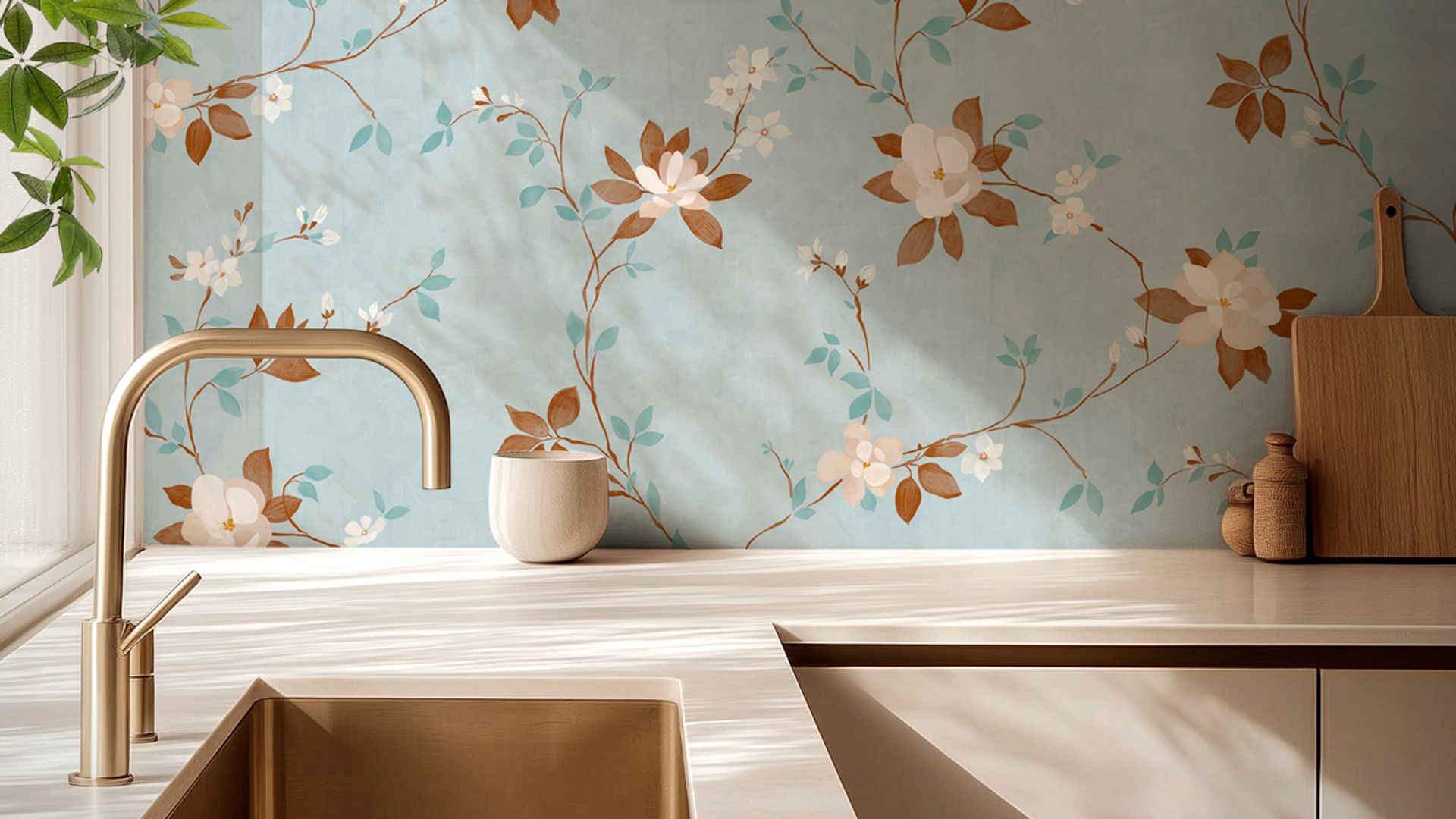 Papel pintado de flores en pared de la cocina
