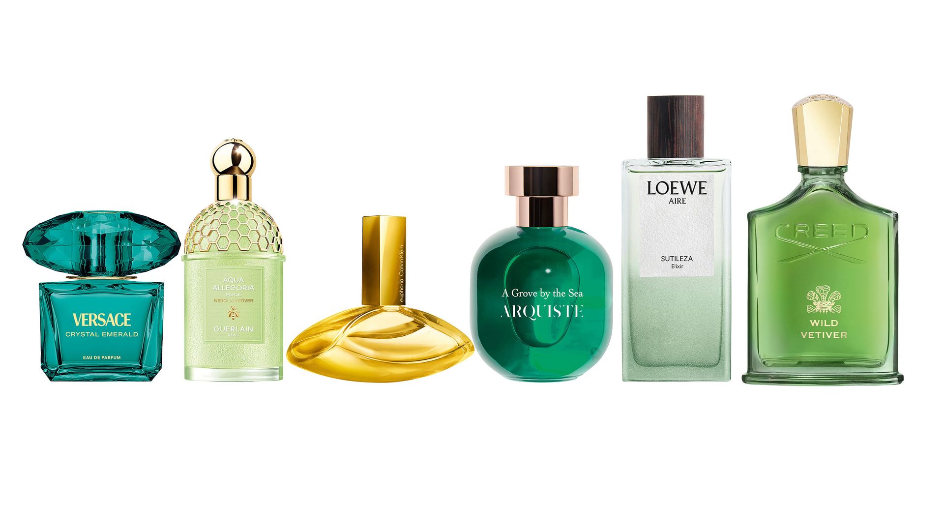 De izqda. A dcha. La más radiante Crystal Emerald, de Versace, es un adictivo cóctel a base de bergamota y melocotón en la salida y rosa, jazmín y frambuesa en el corazón (109 €, 50 ml) / A favor de piel Aqua Allegoria Perle inaugura una era de híbrido entre perfume y tratamiento con una innovadora fórmula a base de agua. Aquí, el refrescante Nerolia Vetiver (154 €, 125 ml) / Energía natural El lujo de sentir el sol en la piel es lo que consigue transmitir Euphoria Solar Elixir, de Calvin Klein, un jugo sabroso que combina vainilla, orquídea y mango (149 €, 100 ml) / Debajo de la higuera A Grove by the Sea, de Arquiste, rescata la faceta verde del higo y le añade bergamota, neroli y maderas suaves para crear la postal más evocadora (190 €, 100 ml) / Un mordisco de pera El “aire” de Sutileza Elixir es floral almizclado y con notas de esta fruta (155 €, 50 ml) / Fiesta en el jardín Wild Vetiver, de The House of Creed, es el lugar donde la vida silvestre y la sofisticación se encuentran. Un canto a la rosa y las hojas de vetiver (220 €, 50 ml).