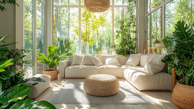 Salón luminoso con amplia cristalera y rodeado de plantas
