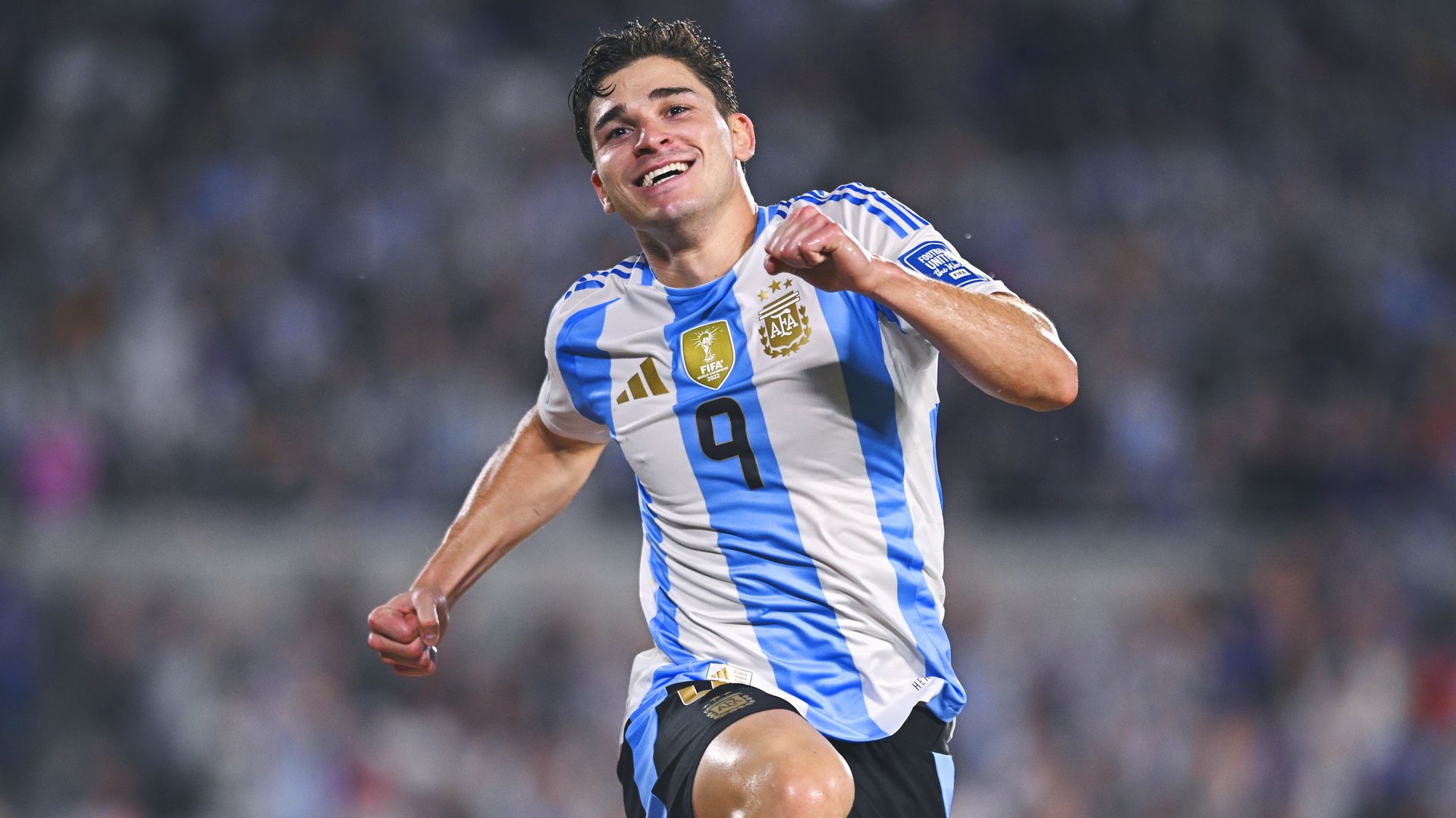 Julian Alvarez of Argentina celebrates after scoring the team's third goal during a FIFA World Cup 2026 Qualifier match between Argentina and Bolivia at Estadio Más Monumental Antonio Vespucio Liberti on October 15, 2024 in Buenos Aires, Argentina