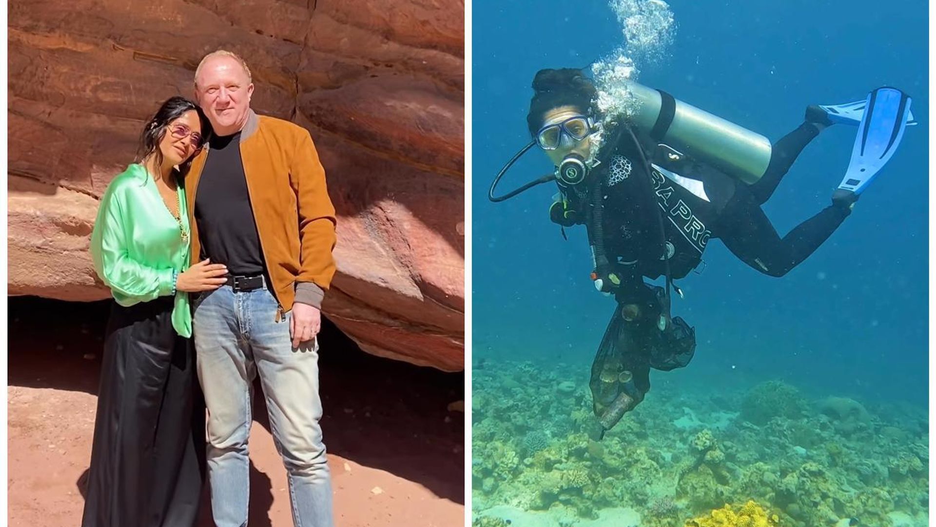 Salma Hayek y su esposo François-Henri Pinault limpian el fondo marino en Jordania