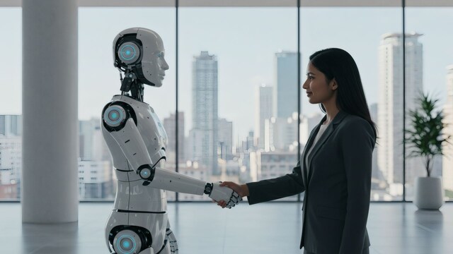Robot humanoide estrechando la mano a una mujer