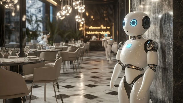 Sala de un restaurante con mesas, sillas y varios robots