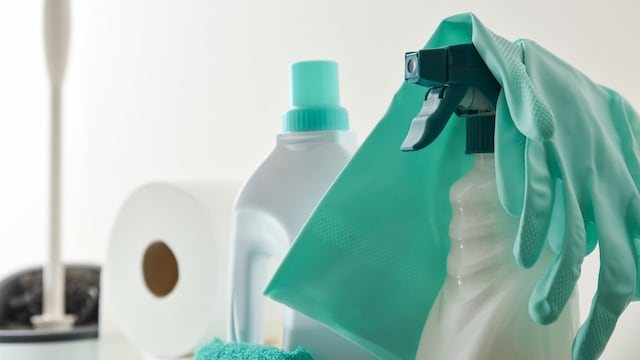 Detalle de varios productos de limpieza, todos ellos en blanco y verde menta.
