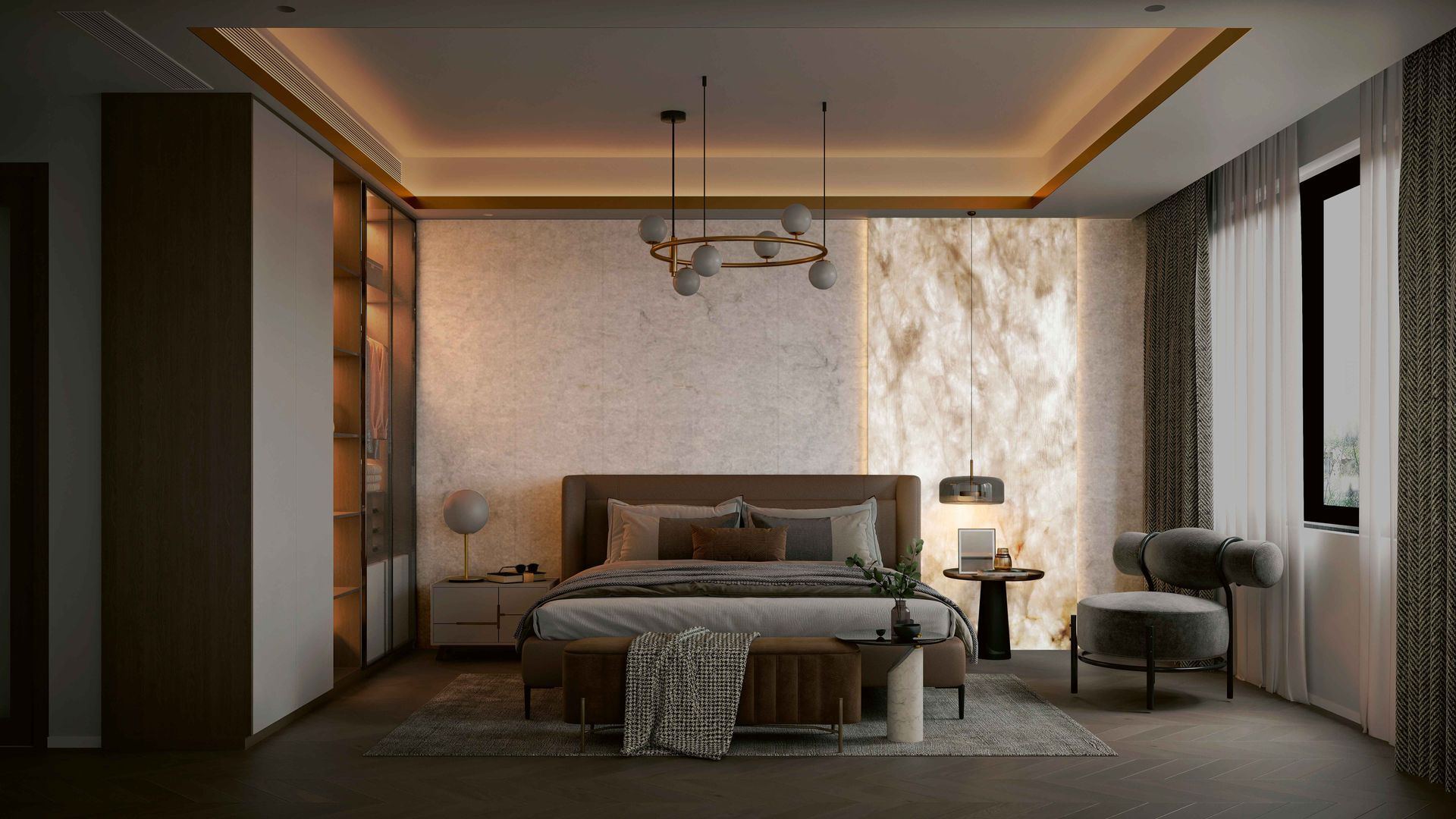 Dormitorio con armario con puertas de cristal, pared del cabecero de piedra retroiluminada, lámpara de techo sobre la cama, lámpara de sobremesa, butaca