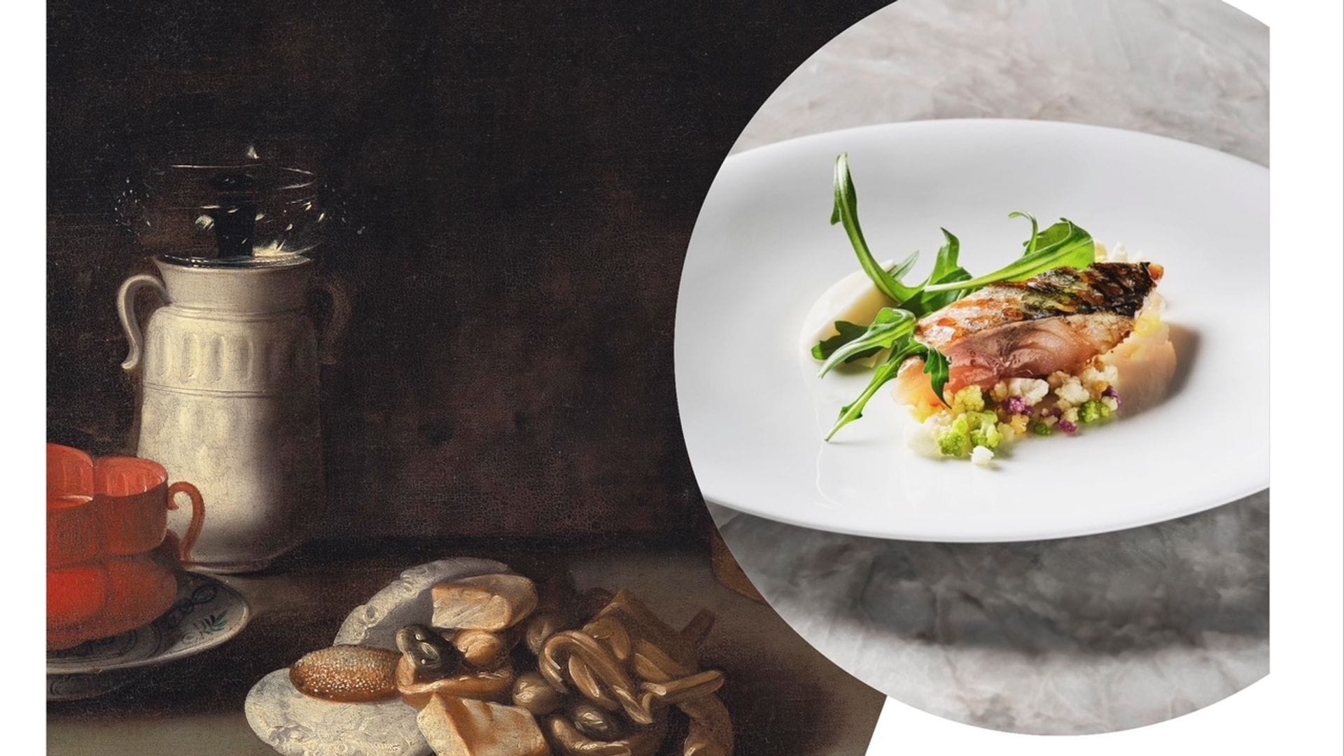 Bodegón con loza y dulces del artista español de origen flamenco Juan van der Hamen y León y plato de Óscar Velasco Caballa soasada, jalea de manzana, coliflor y rúcula.