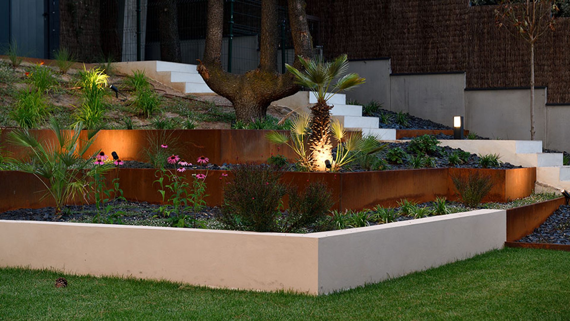 Jardín con luces en el suelo, plantas cuidadas, una palmera