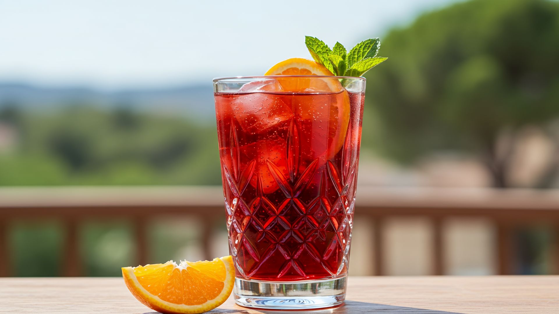Tinto de verano con rodajas de naranja y hielo