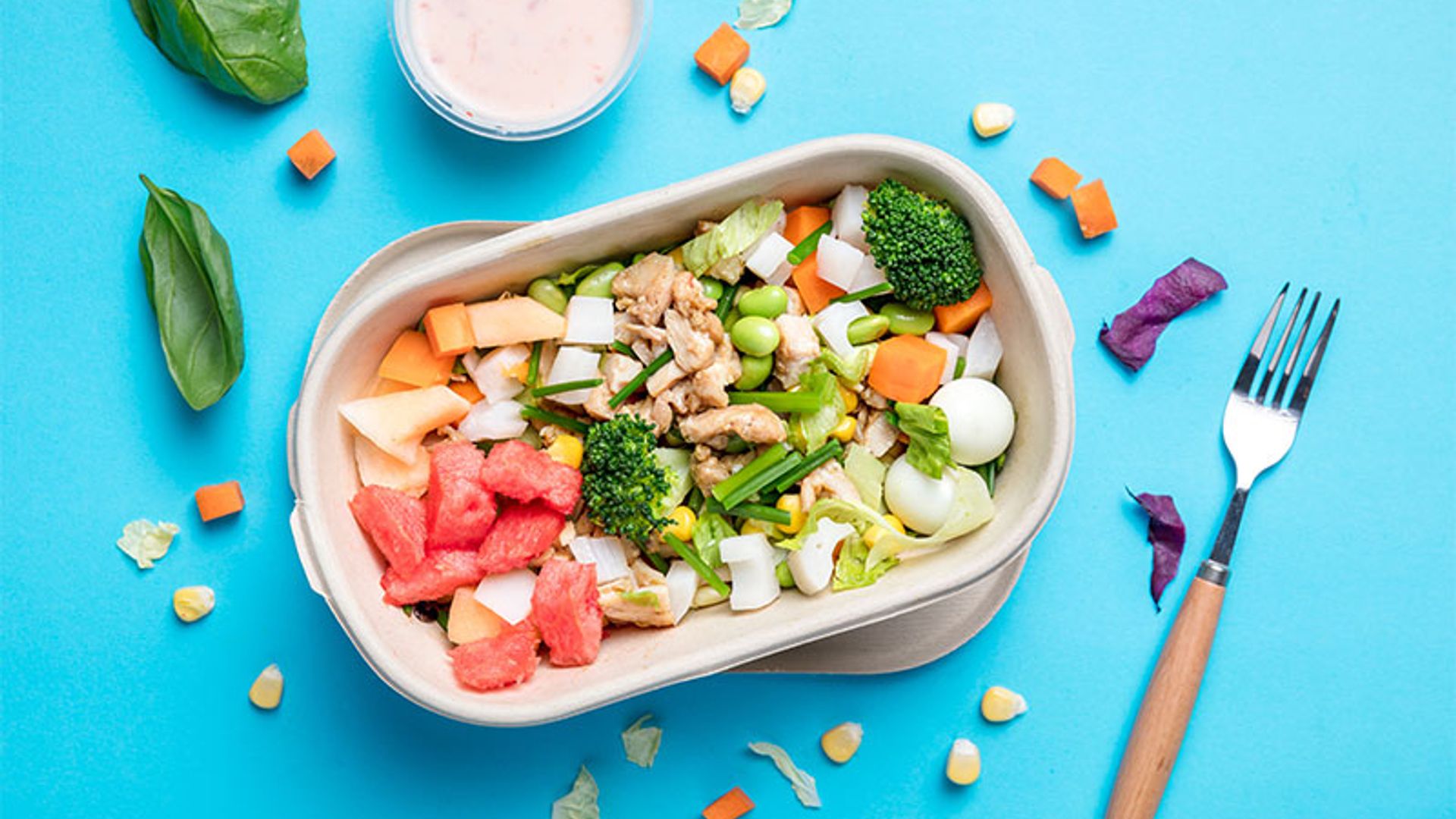 Ensalada de sandía con pollo y hortalizas y salsa de yogur