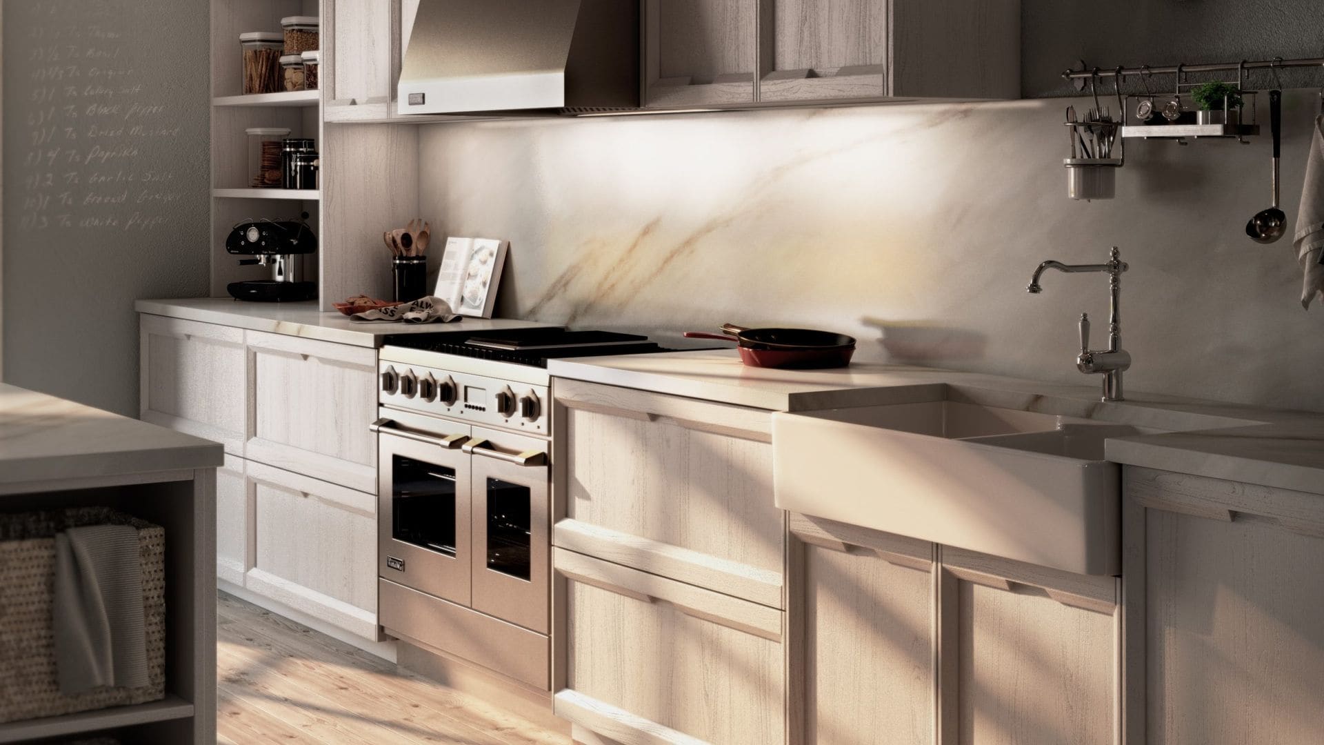 Cocina de estilo clásico con muebles blancos con molduras, placa de fuegos, suelo de madera, alfombra y sartenes y cacerolas colgadas de soporte