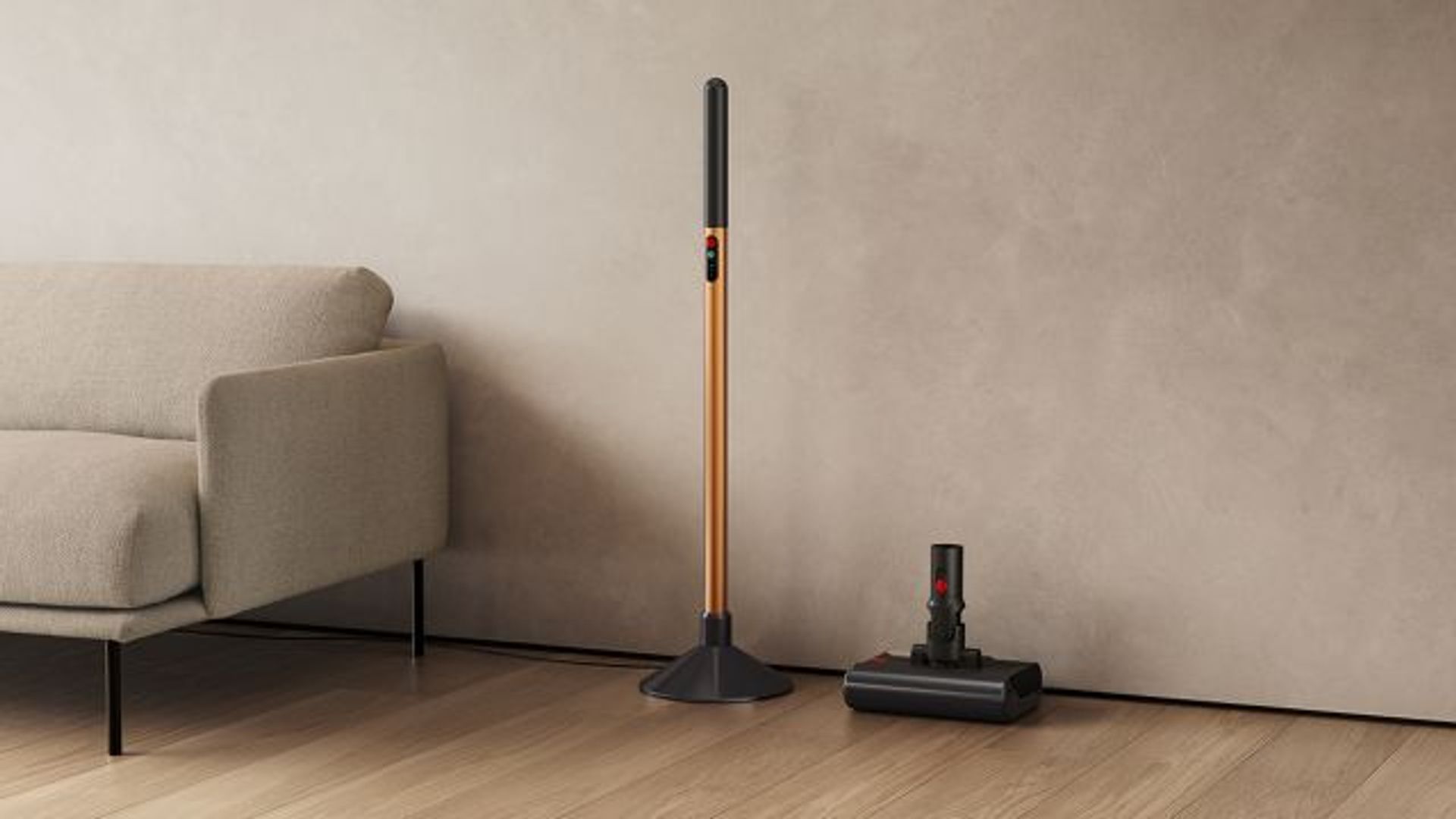 Fregona Eléctrica de Dyson en recarga en una pared, al lado del sofá del salón.