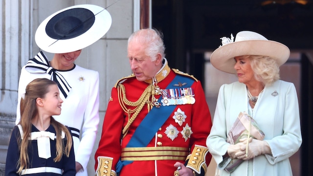 Catherine, Princess of Wales, Princess Charlotte of Wales, King Charles III and Queen Camilla on the balcony during Trooping the Colour at Buckingham Palace on June 15, 2024 in London, England. Trooping the Colour is a ceremonial parade celebrating the official birthday of the British Monarch. 