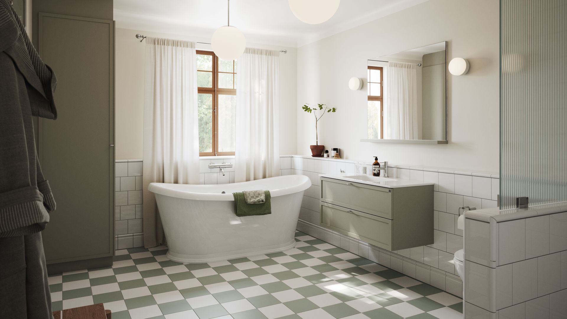 Baño con ducha y bañera exenta, suelo de baldosas blancas y verdes, mueble de lavabo suspendido color verde salvia, espejo, lámparas de techo y apliques a ambos lados del espejo 
