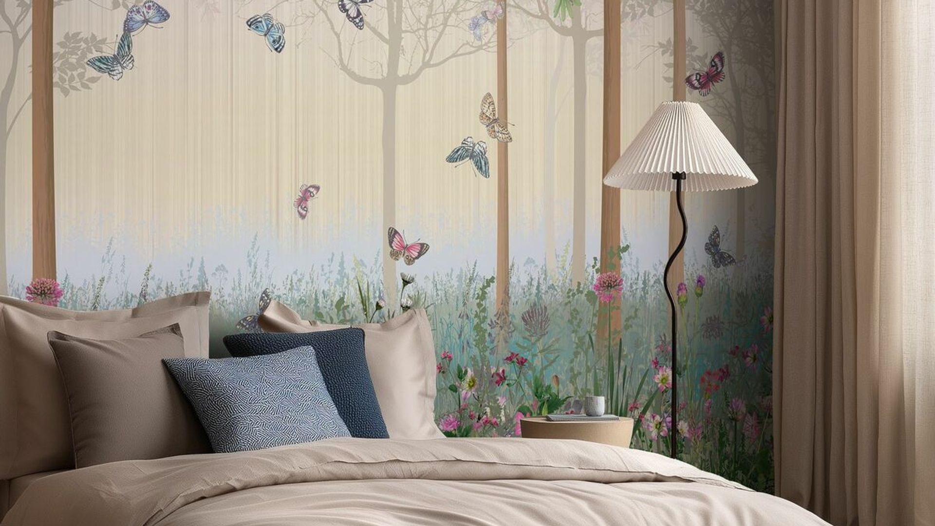 Pared decorada con mural de mariposas