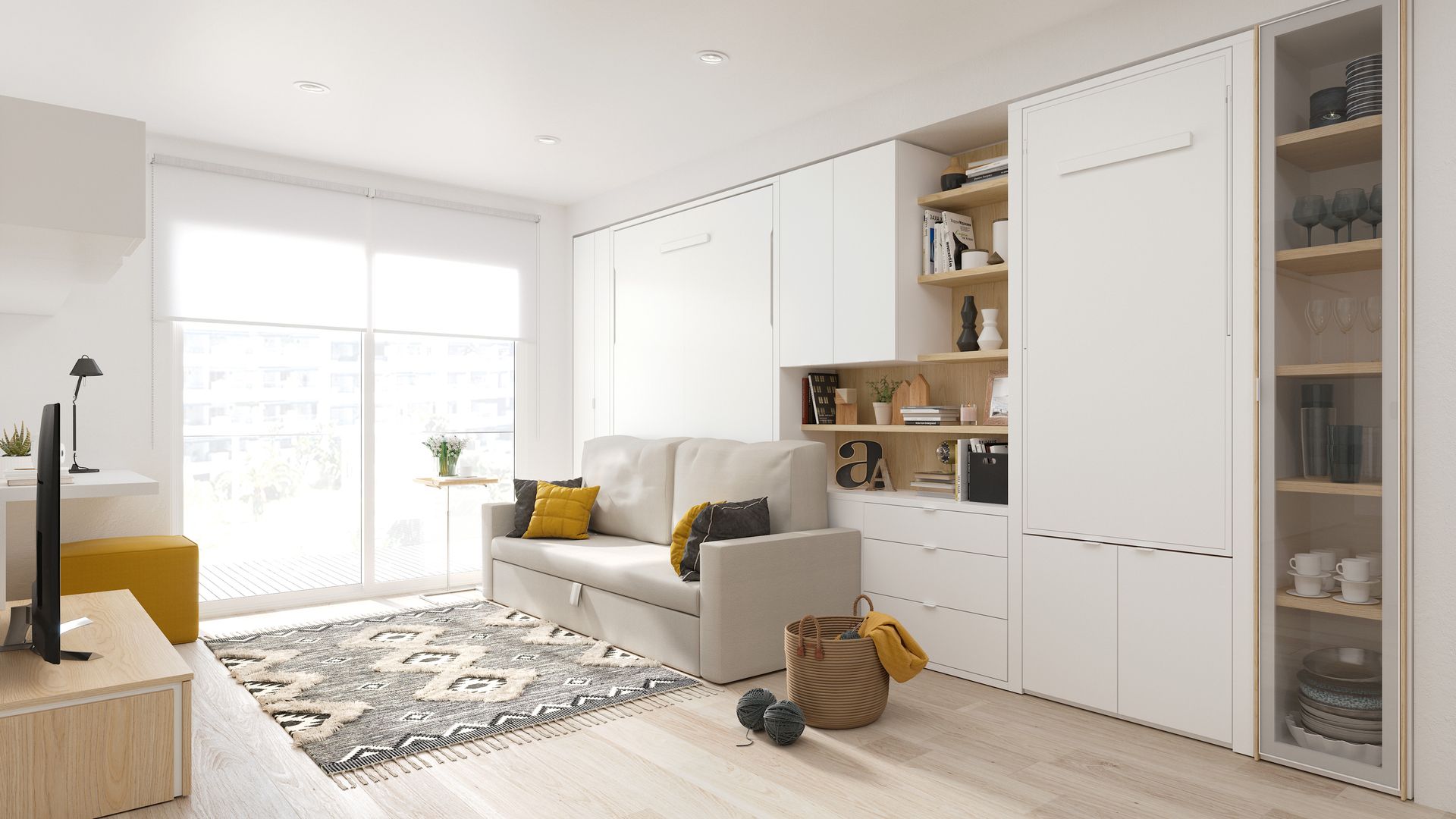 Salón con mueble a medida blanco con módulo desplegable que esconde una mesa de comedor, armario con puerta de cristal, cajones, armarios superiores 