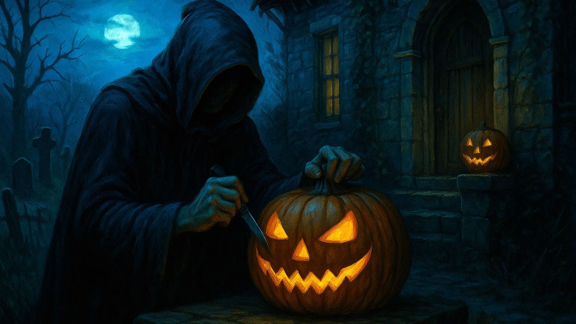 Un encapuchado talla una calabaza iluminada frente a una casa de piedra bajo la luz azulada de la luna, en una atmósfera gótica y misteriosa.