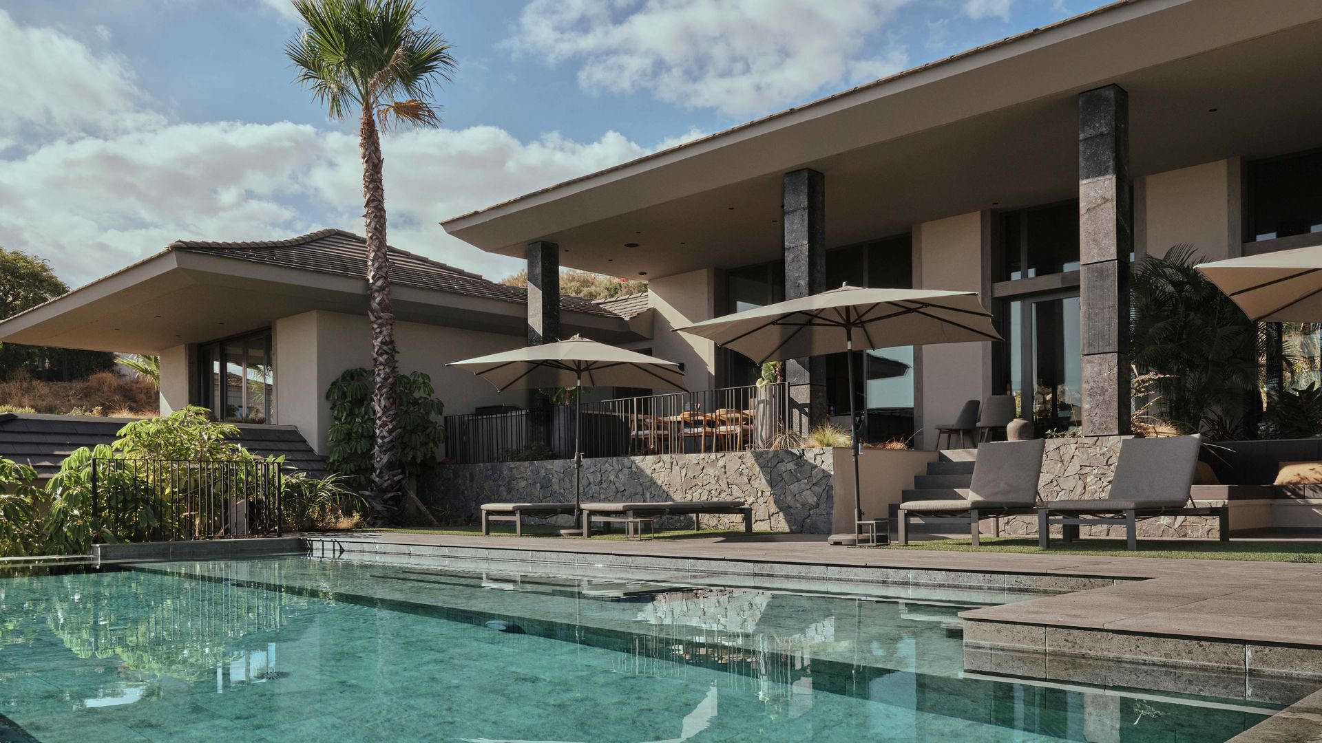 Jardín con piscina, palmeras, sombrillas, tumbonas 