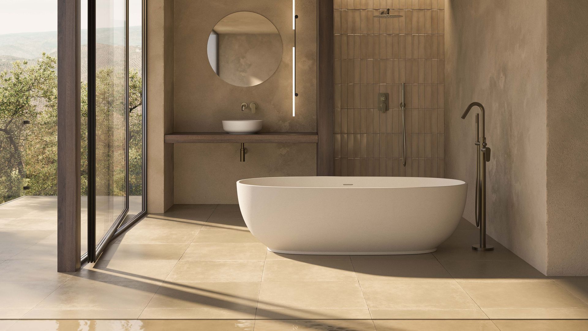 Baño con bañera exenta, ducha, espejo redondo, salida al jardín, ventanal, balda de madera