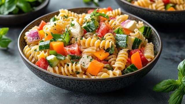 Ensalada de pasta con verduras y pollo
