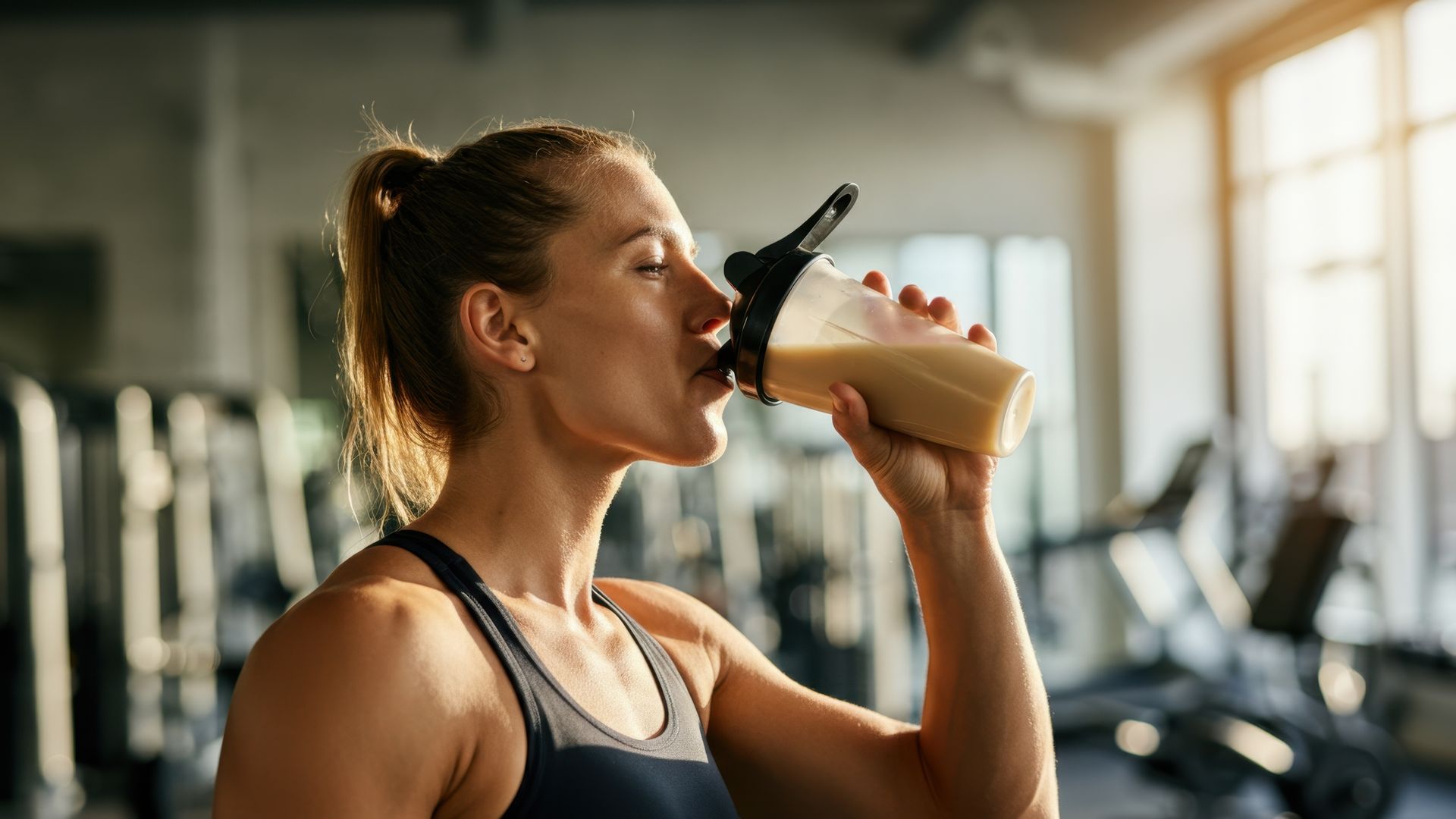 Mujer caucásica en ropa deportiva bebiendo batido de proteínas en el gimnasio