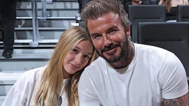 Davin Beckham y Harper Seven en un estadio en Miami