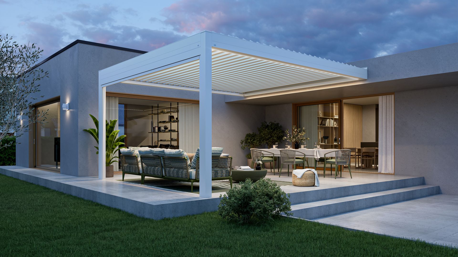 Pérgola bioclimática con salón comedor exteriores 