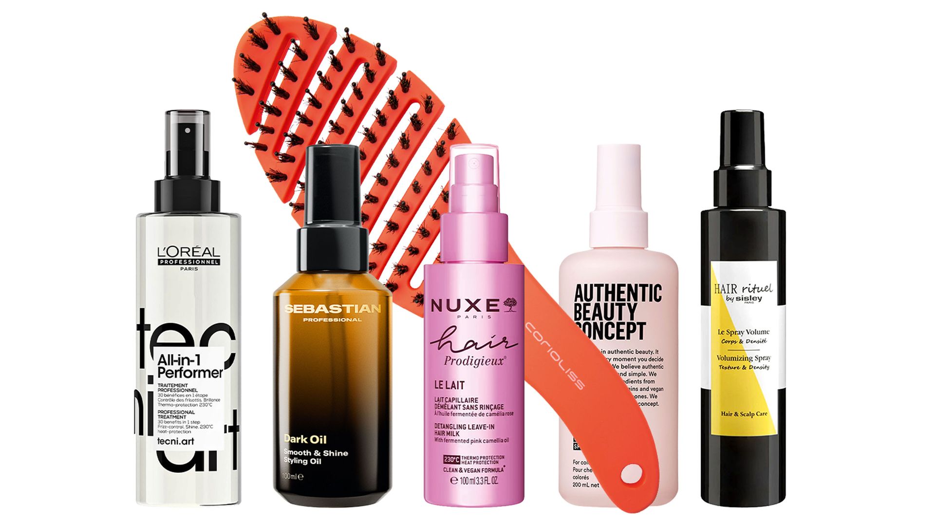 Protección y acondicionamiento: All-in-1 Performer (12,25 €), de L’Oréal Professionnel. Más brillo: Dark Oil (29,99 €), de Sebastian Professional.
Desenredante: Lait Prodigieux (15,79 €), de Nuxe. Sin nudos: cepillo de pelo (14,90 €), de Corioliss. Acabado profesional: Glow spray sérum (44 €), de Autthentic Beauty Concept. Más volumen: Le spray volume (91 €),
de HAIR rituel by Sisley