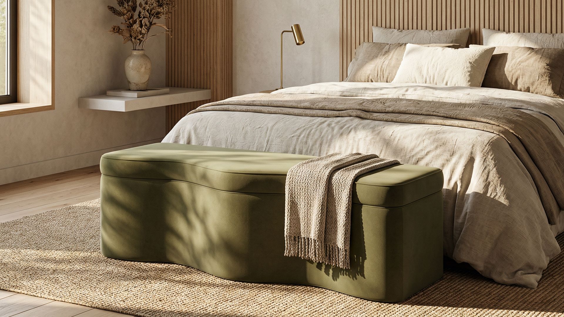Dormitorio con banqueta tapizada con espacio para guardar, pared de madera, ropa de cama de lino en tonos beiges