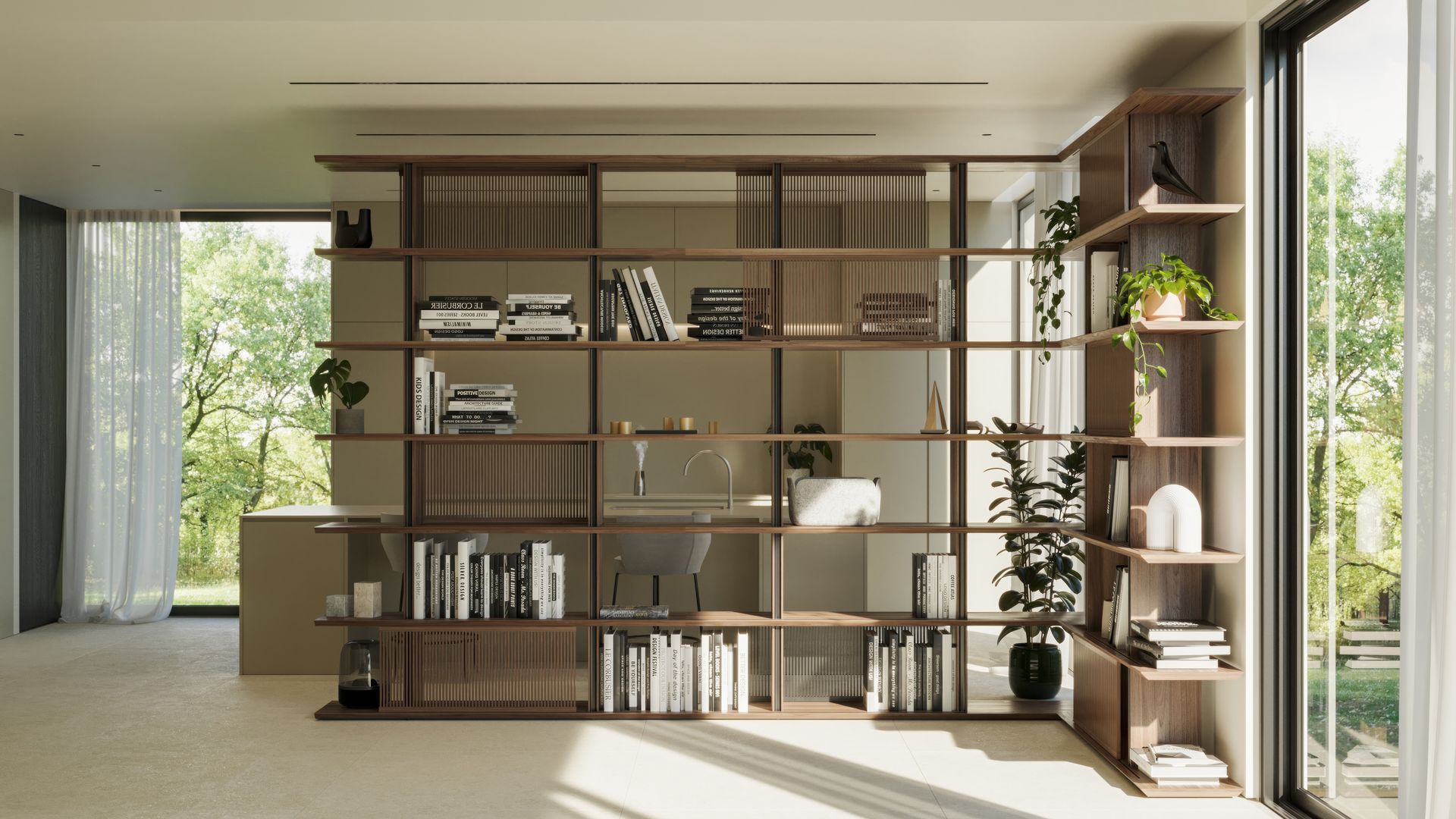 Cocina abierta al salón que se independiza mediante una librería sin trasera en madera 