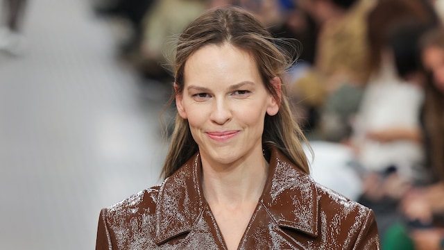 PARIS, FRANCE - OCTOBER 01: (EDITORIAL USE ONLY - For Non-Editorial use please seek approval from Fashion House) Hilary Swank walks the runway during the Miu Miu Paris Womenswear Spring-Summer 2025 show as part of Paris Fashion Week on October 01, 2024 in Paris, France. (Photo by Victor Boyko/Getty Images)