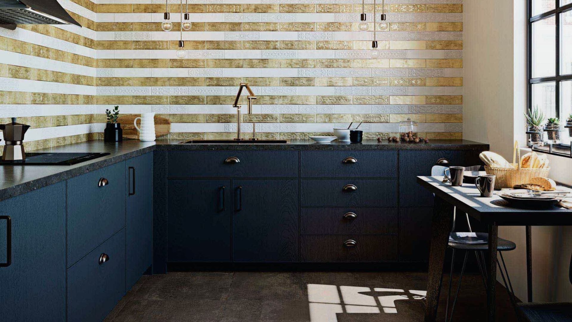 Cocina con azulejos metalizados