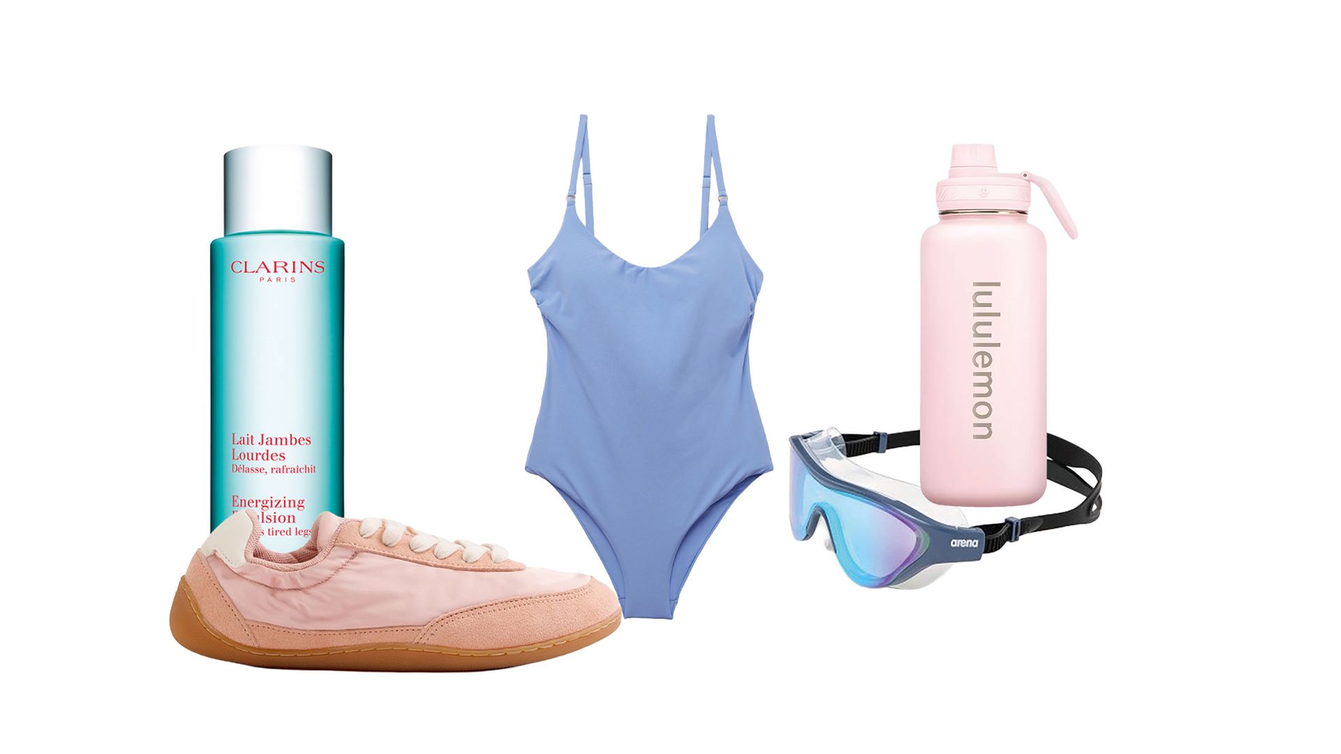Crema para piernas cansadas (47,50 €), de Clarins. Zapatillas barefoot (79,95 €), de Gioseppo. Bañador de tirantes sin aros (69 €), de Calcedonia. Botella deportiva en rosa perlado (58 €), de Lululemon. Gafas de natación The One Mirror (37 €), de Arena