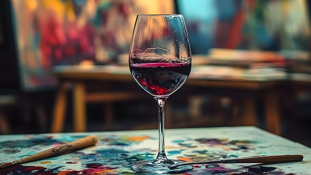 Copa de vino sobre una mesa llena de pinturas de óleo y cuadros en el fondo.