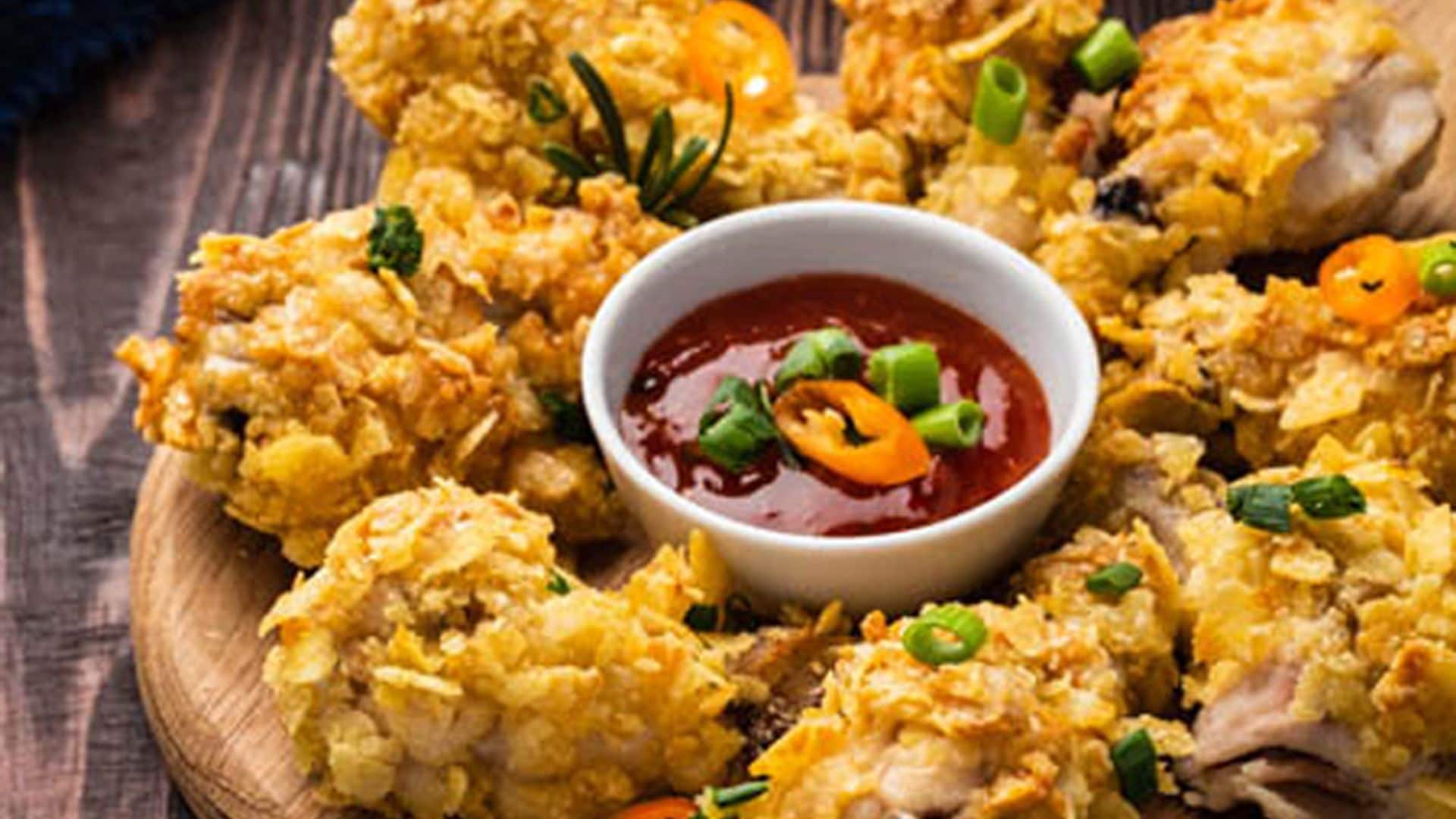 Alitas de pollo rebozadas con cornflakes y mostaza
