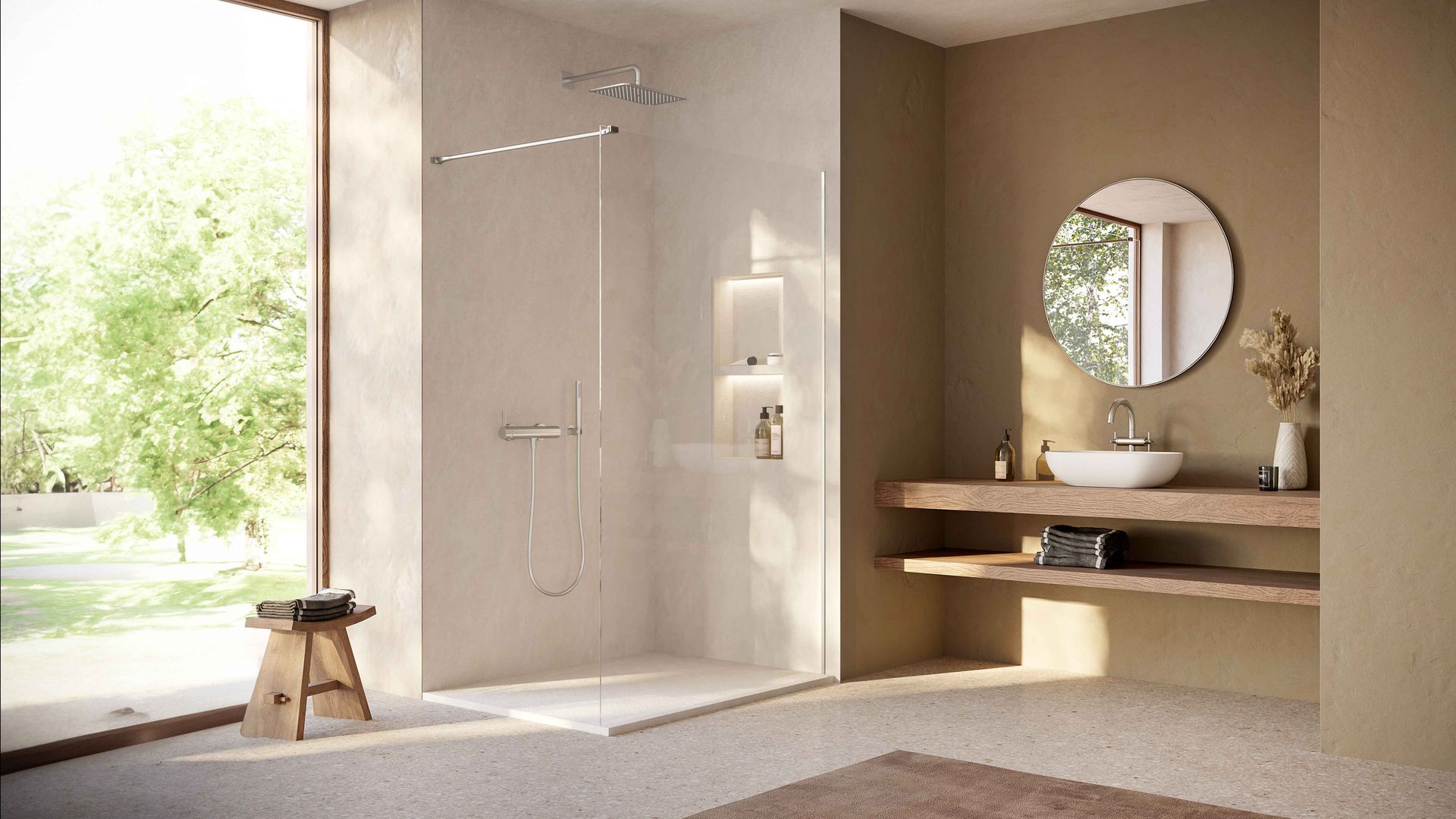 Baño con ducha, ventanal, baldas como mueble de lavabo, espejo redondo, taburete, lavabo sobre encimera, alfombra 