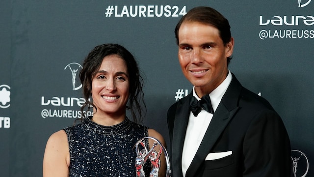 Xisca Perello y Rafa Nadal receive on behalf of the Rafa Nadal Foundation the Laureus Award for 'Sport for Good', at the Crystal Gallery, on 22 April, 2024 in Madrid, Spain. The Palacio de Cibeles in Madrid hosts the gala of the 25th edition of the Laureus World Sports Awards, the so-called 'Oscars of Sport' that recognize the best athletes and teams of the year 2023 in various categories. The capital takes over from Paris and becomes the third Spanish city to host this event after Barcelona (2006 and 2007) and Seville (2021 and 2022). (Photo By A. Perez Meca/Europa Press via Getty Images)