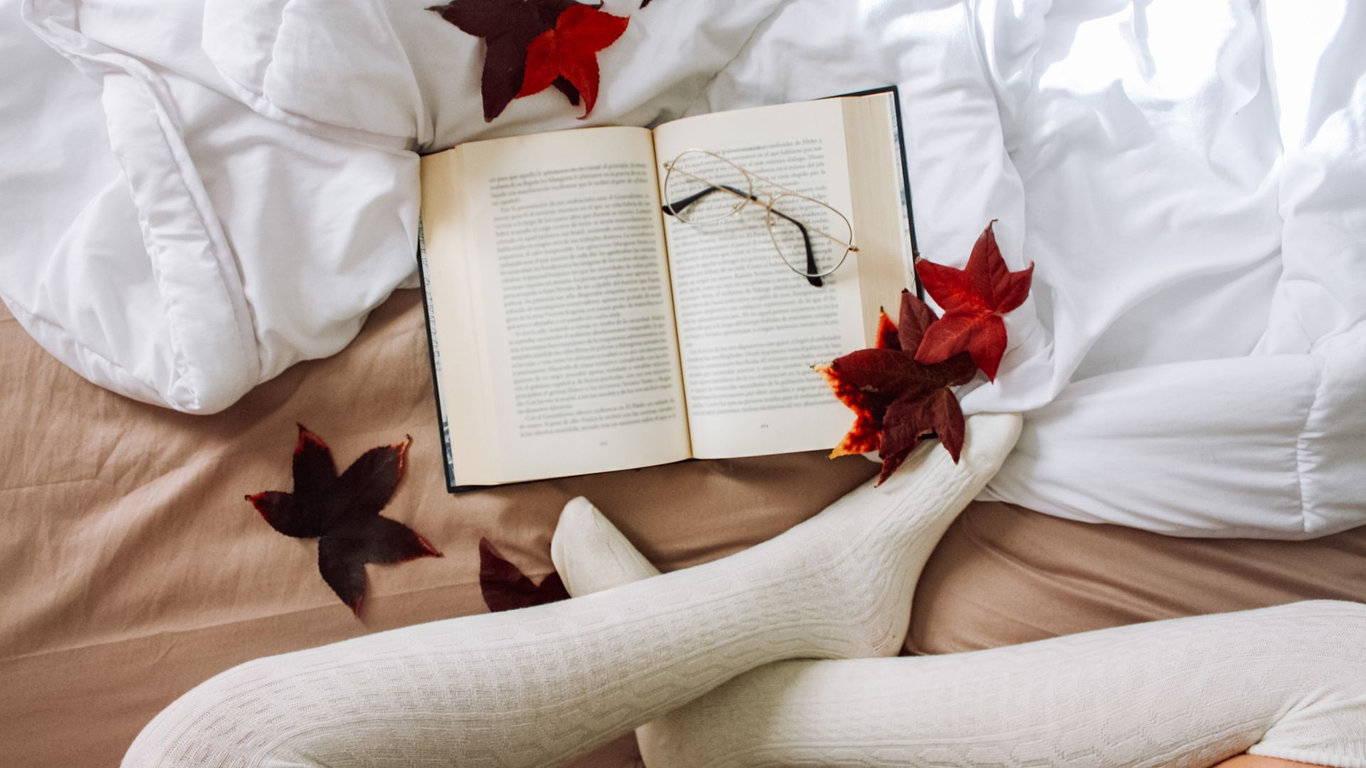 Chica sentada sobre una cama con hojas rojas de otoño, con un libro abierto por la mitad y las gafas sobre él. Es un plano detalle del libro y de sus piernas.