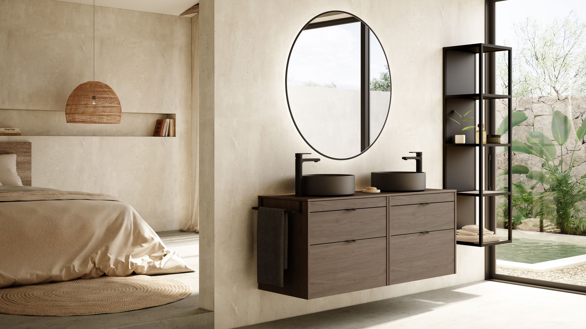 Dormitorio con baño, con mueble de nogal, espejo redondo, estantería, dormitorio con hornacina, lámpara de fibras vegetales, paredes encaladas 