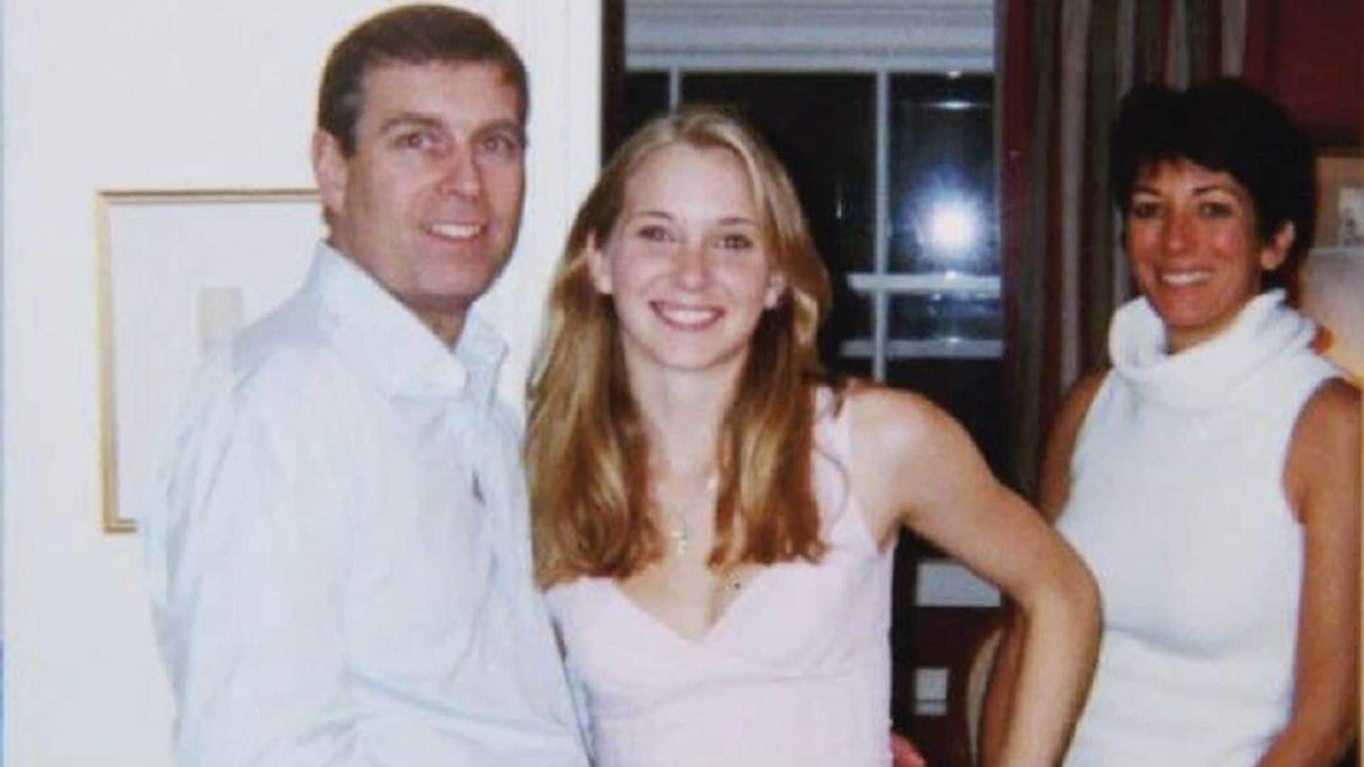Undated handout photo issued by the US Department of Justice (left-right) of the Duke of York, Virginia Giuffre, and Ghislaine Maxwell. 