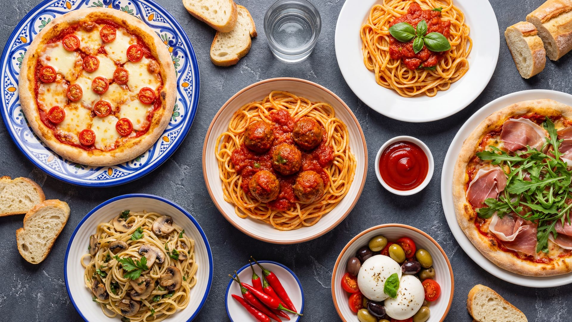 Platos de comida italiana (pastas, pizzas, burrata, etc)