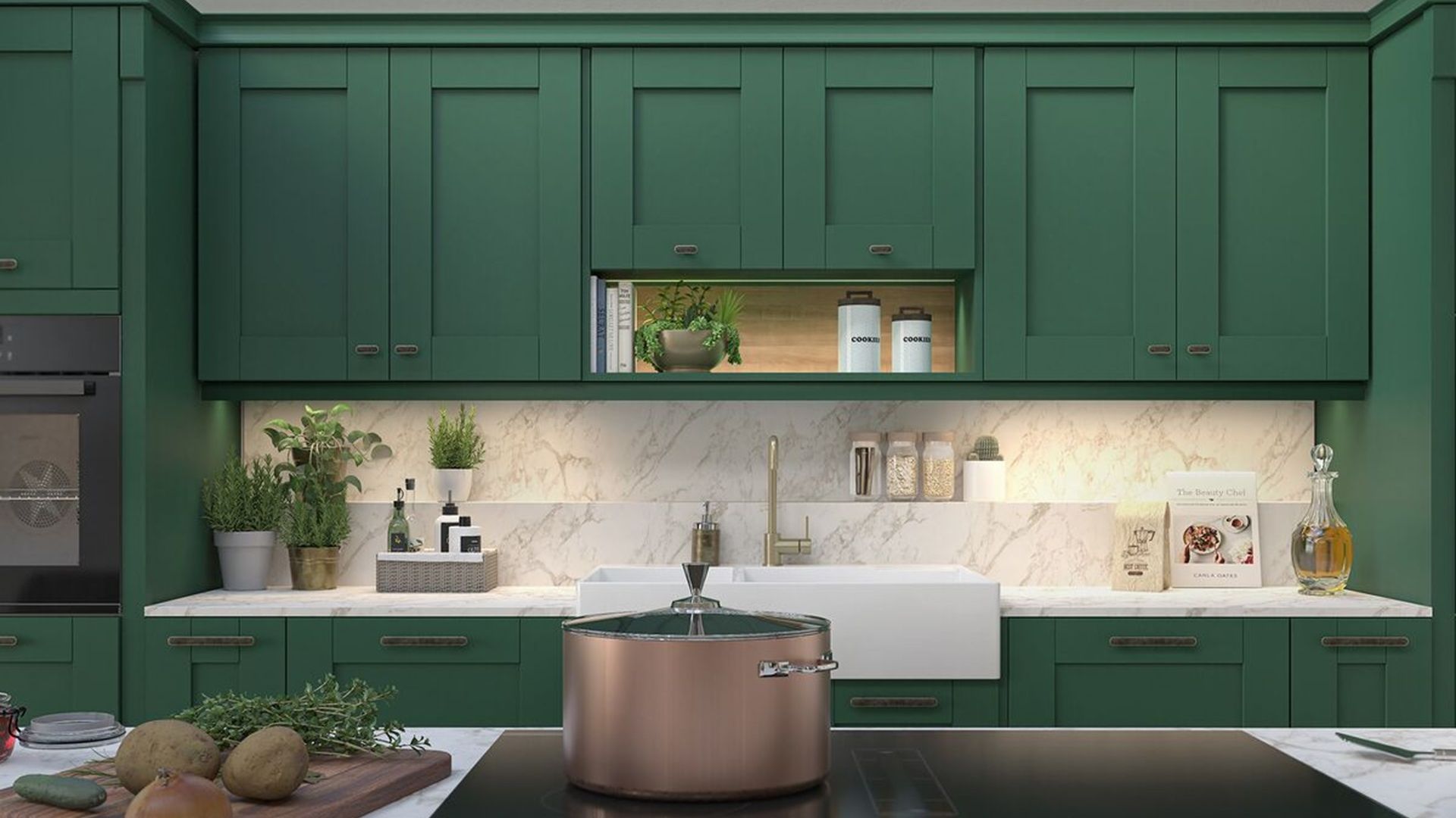 Cocina con muebles verde oscuro, antepecho de mármol, balda con plantas aromáticas, isla de cocina con zona de fuegos