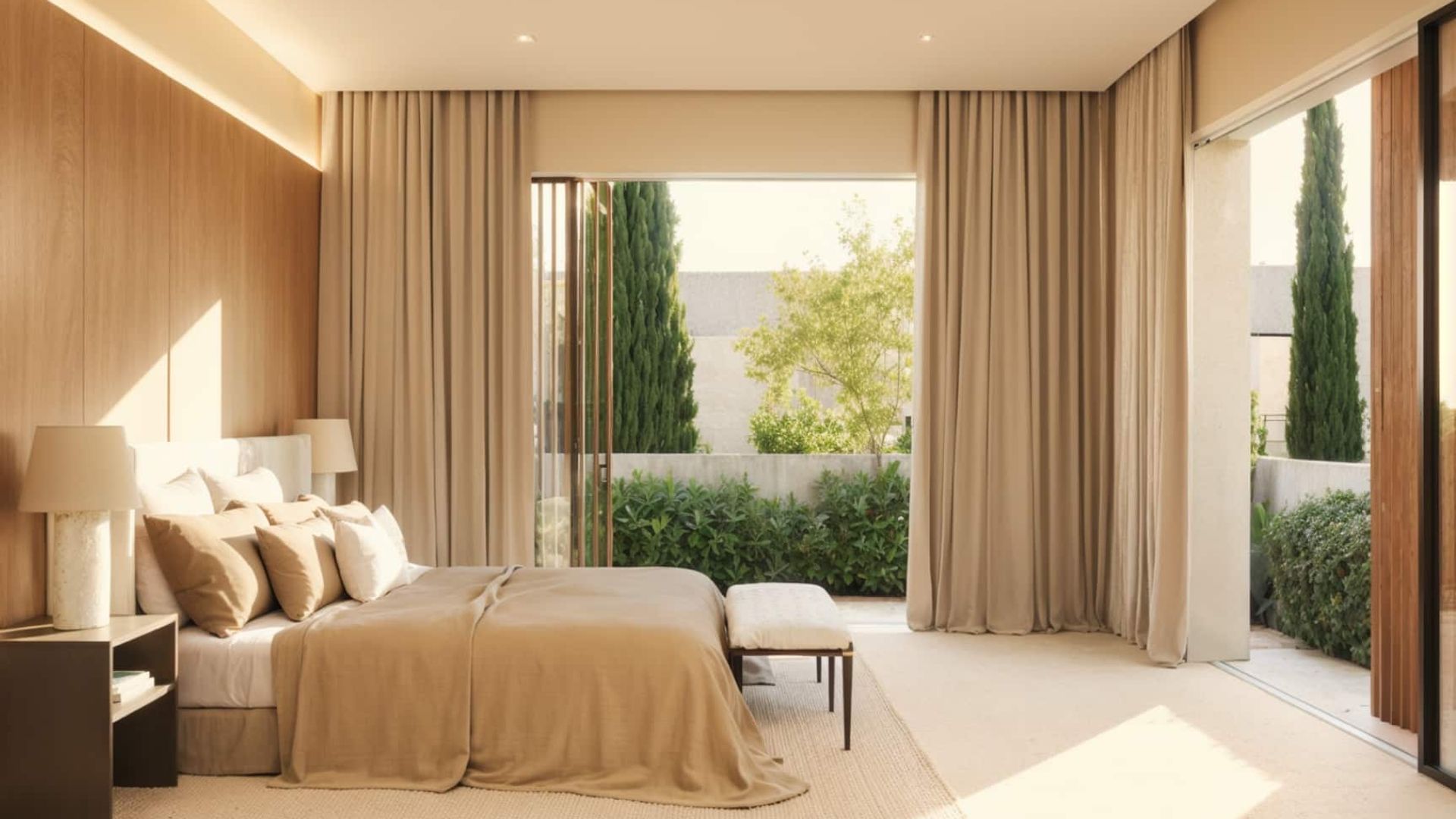 Dormitorio con ventanales correderos con salida al jardín, cortinas beiges, banqueta a los pies de la cama, pared del cabecero de madera