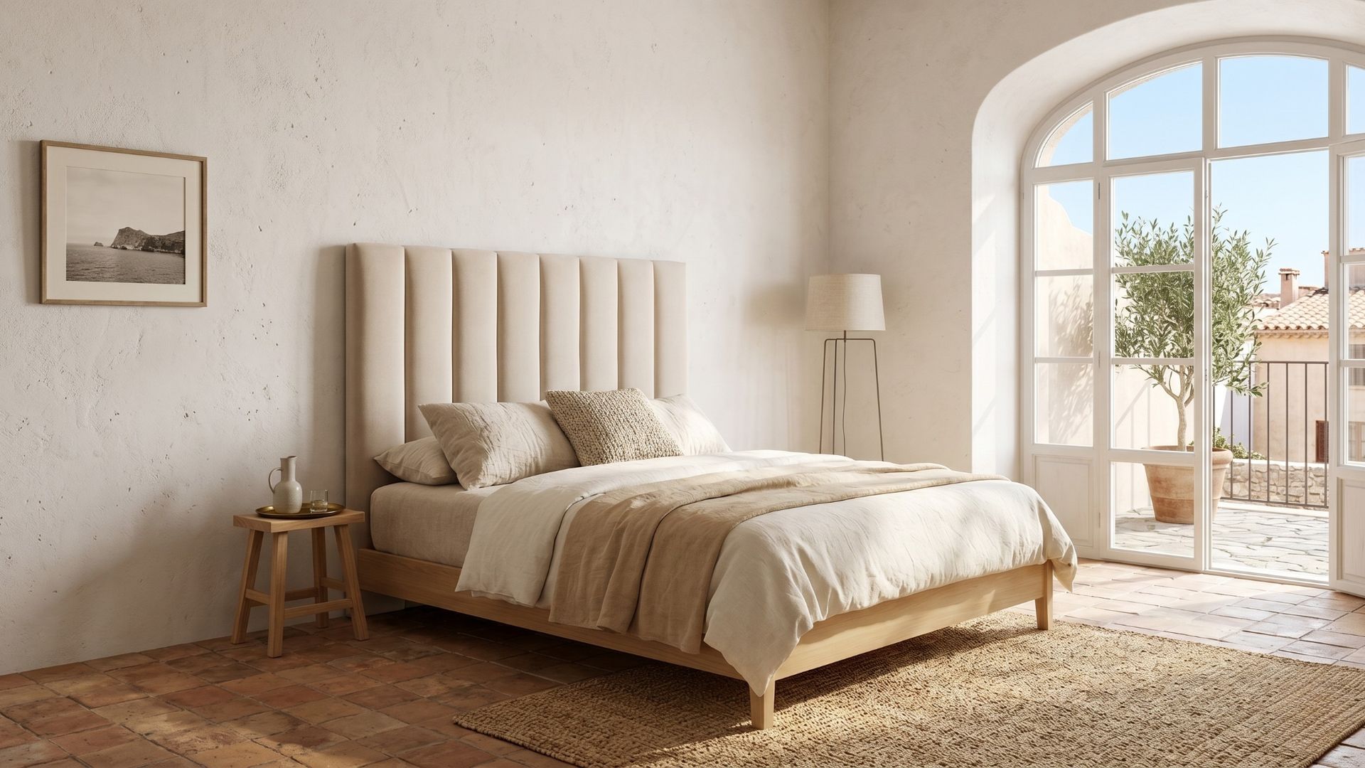 Dormitorio con cabecero alto tapizado, alfombra de fibras vegetales, salida a la terraza, ventanas en forma de arco, ropa de cama beige
