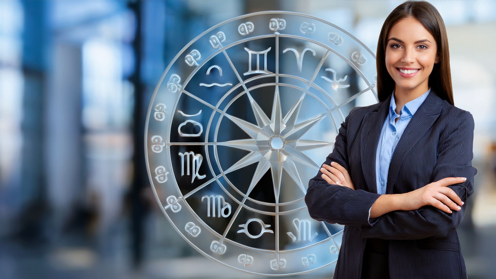 Mujer sonriente en un entorno de oficina, detrás de ella la rueda del zodiaco