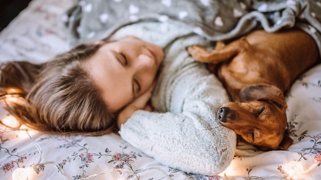 Mujer durmiendo en su cama con un perro con luces de Navidad