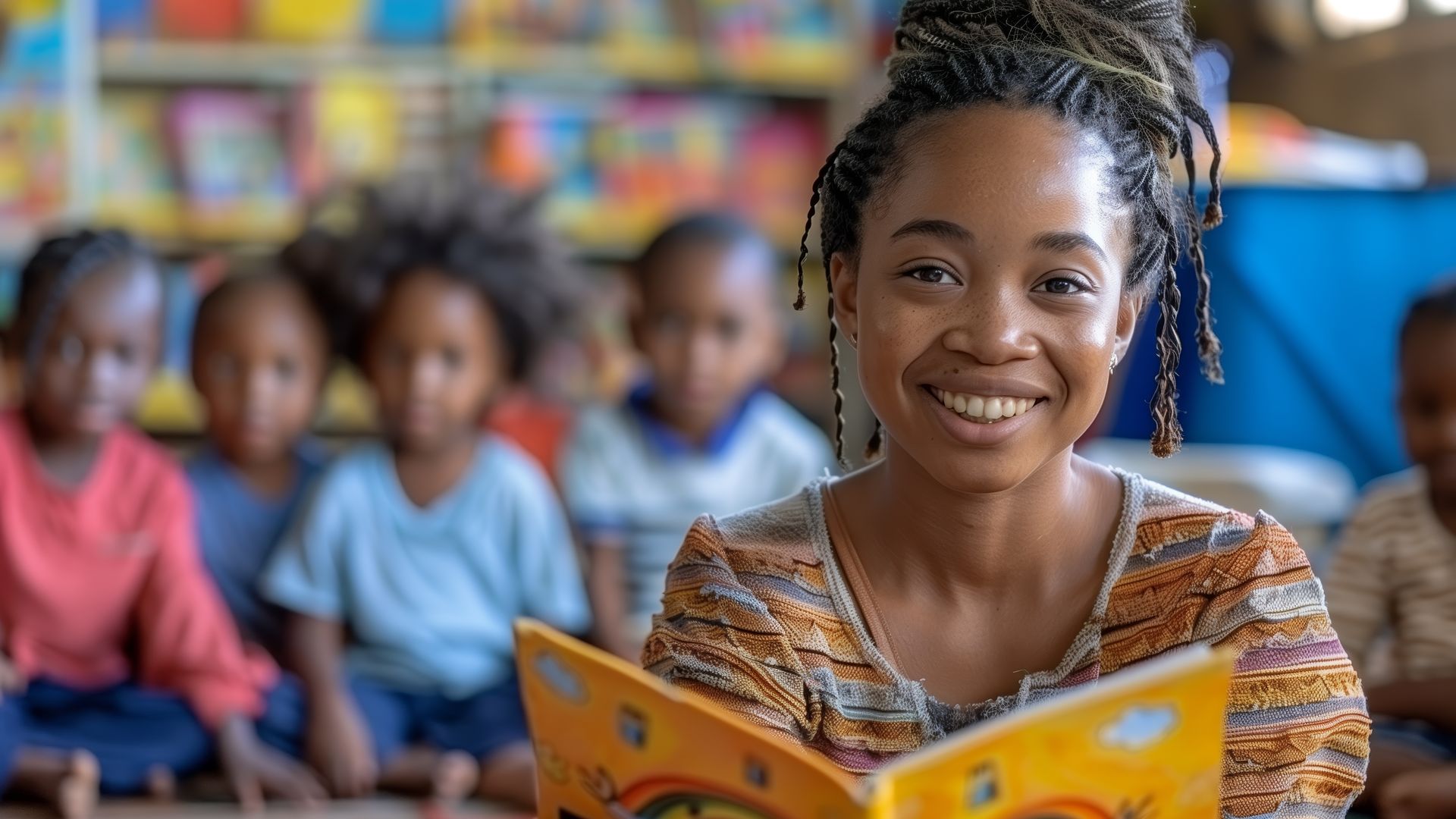 Mujer dando clase a niños en una escuela africana