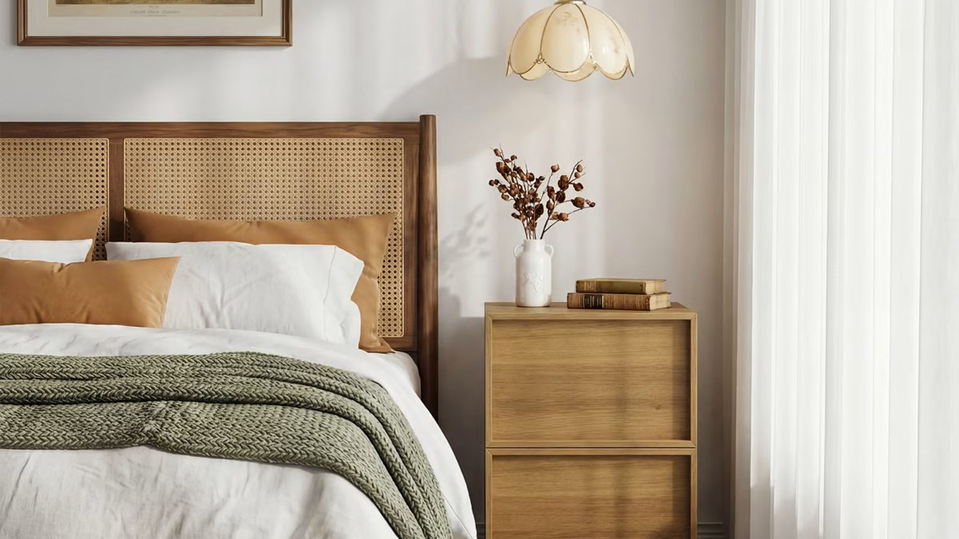 Dormitorio con cabecero de rejilla y mesilla de madera